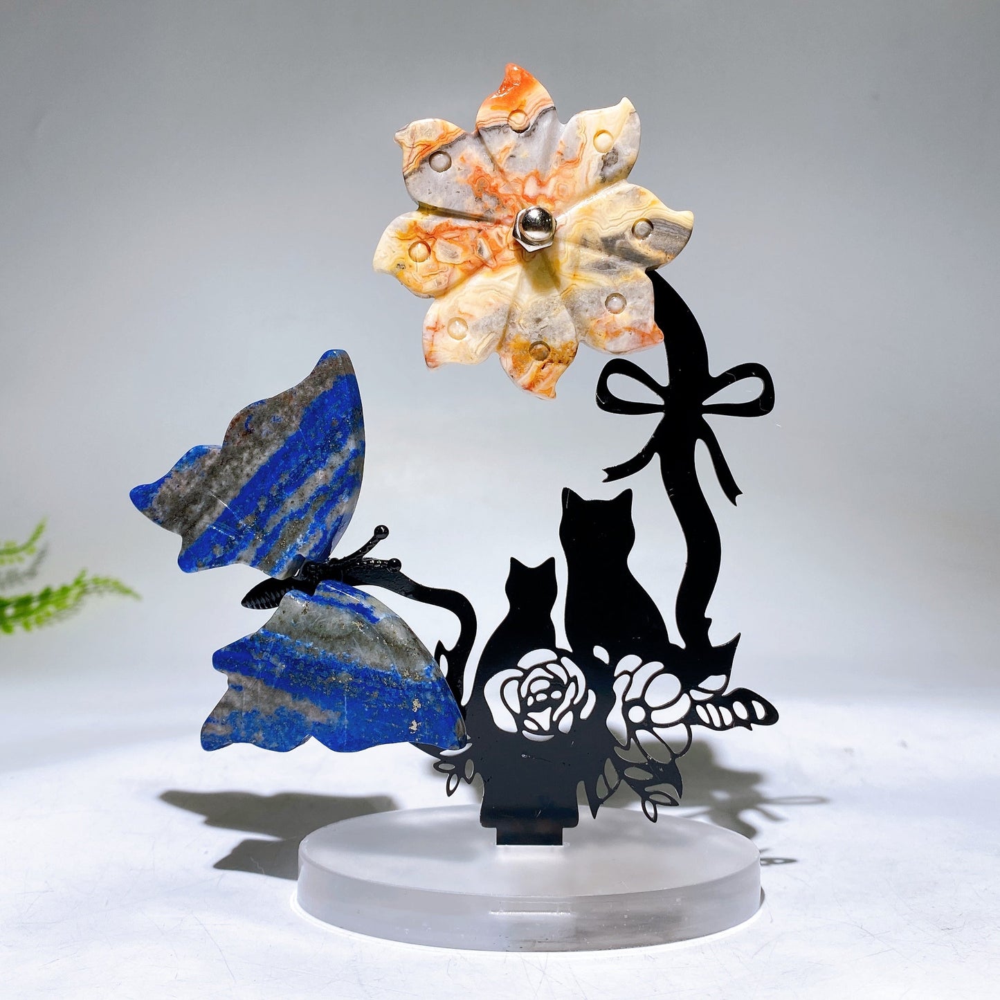 Mixed Crystal Buttterfly & Spinning Flower with Metal Stand Resin Base Free Form Wholesale