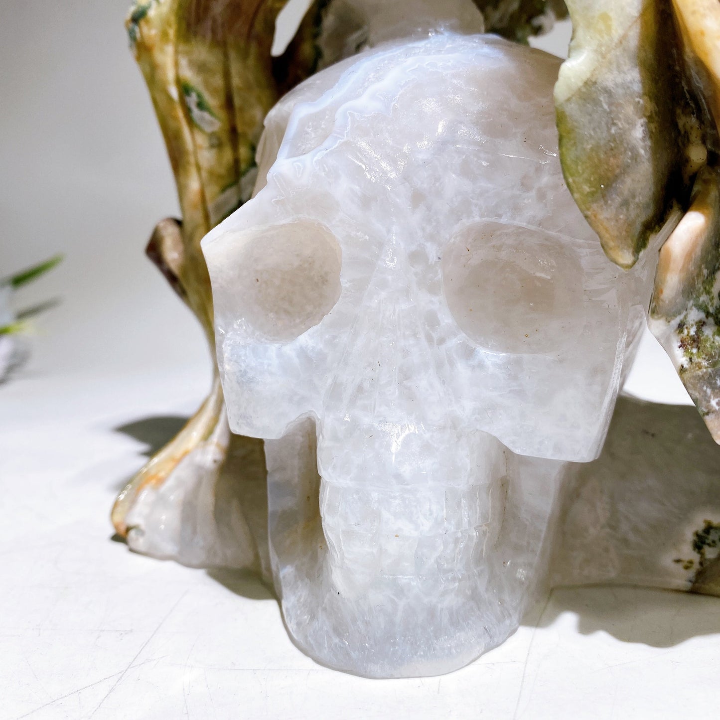 21cm Large Unique Agate Quartz Skull Grow with Ocean Jasper Peony Carving Crystal Healing Bulk Wholesale