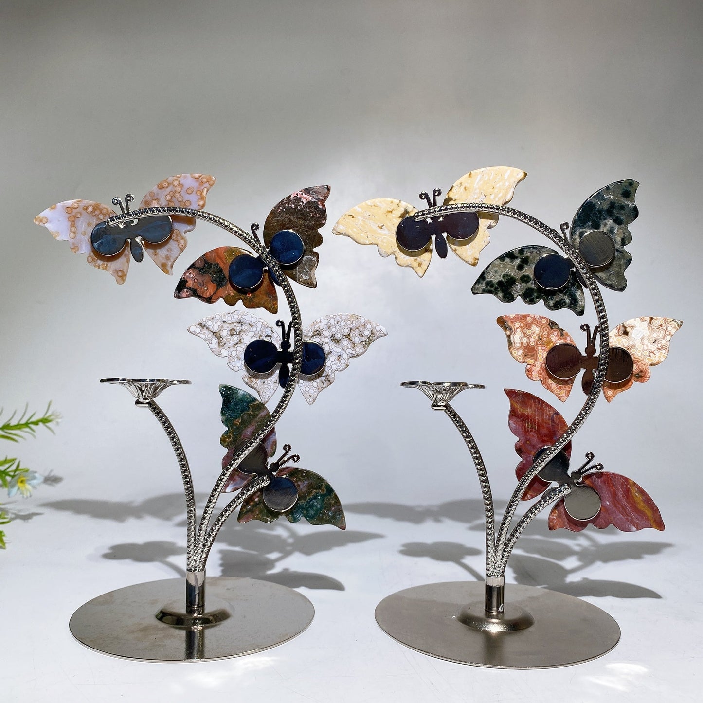 Silver Stand with Ocean Jasper Butterfly Carvings Decor Crystal Healing Bulk Wholesale