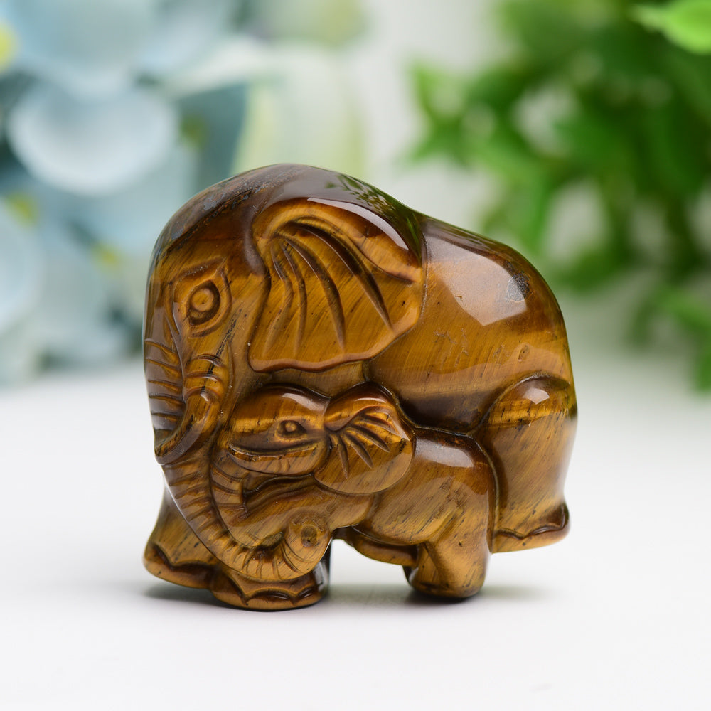 1.8" Tiger's Eye Mother & Baby Elephant Animal Crystal Carving