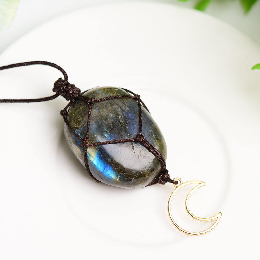 Rope Warrped Labradorite Stone Necklace with metal Moon Decor Bulk Wholesale