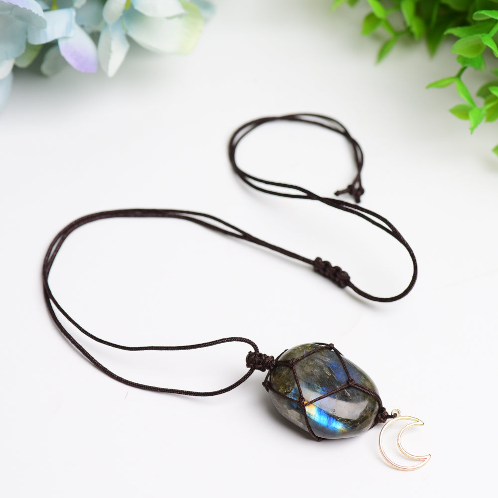 Rope Warrped Labradorite Stone Necklace with metal Moon Decor Bulk Wholesale