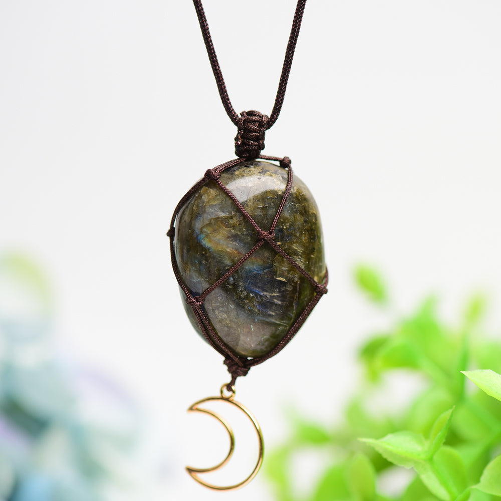 Rope Warrped Labradorite Stone Necklace with metal Moon Decor Bulk Wholesale