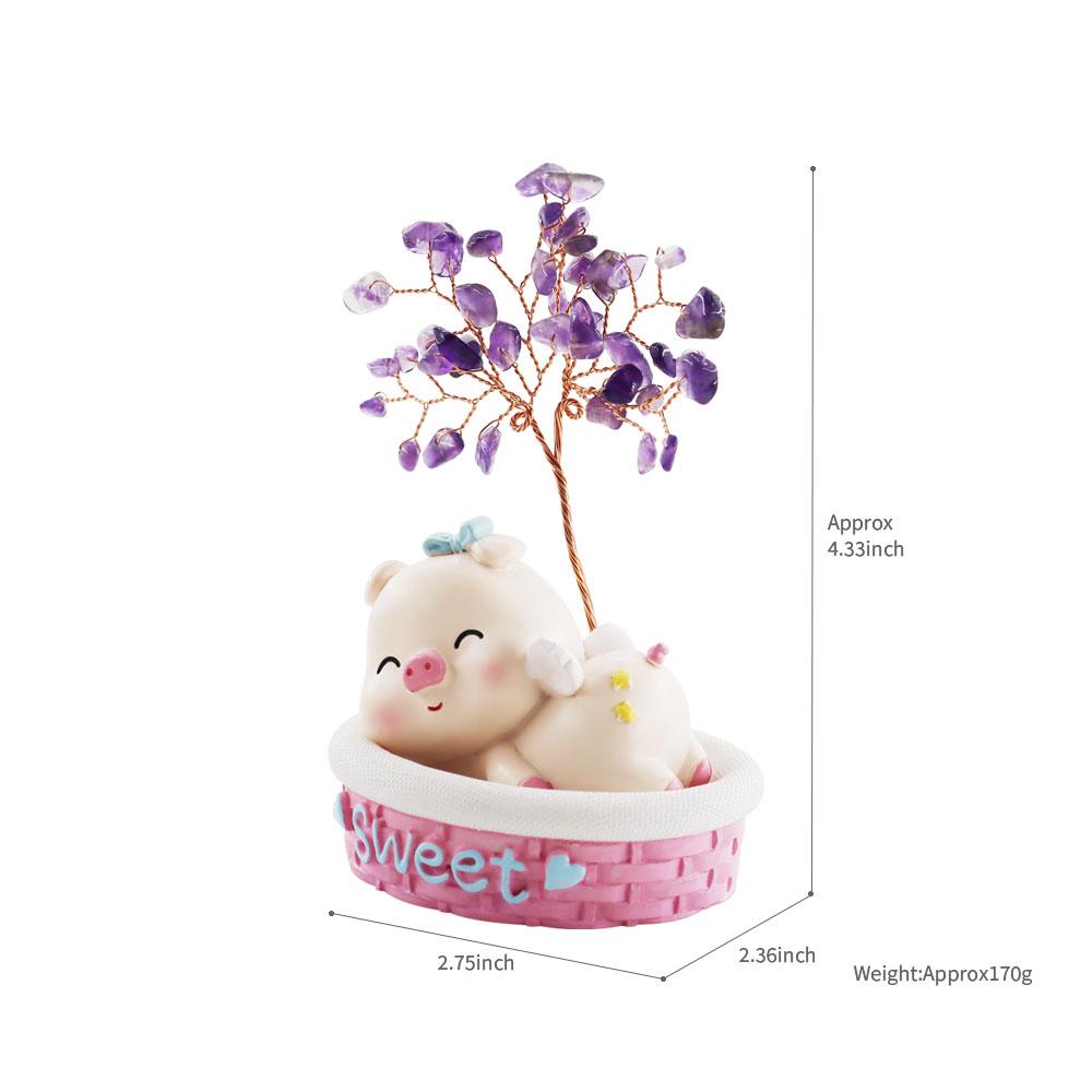 Wealth and Luck Crystal Money Tree with Cute Resin Little Cat for Home Decor