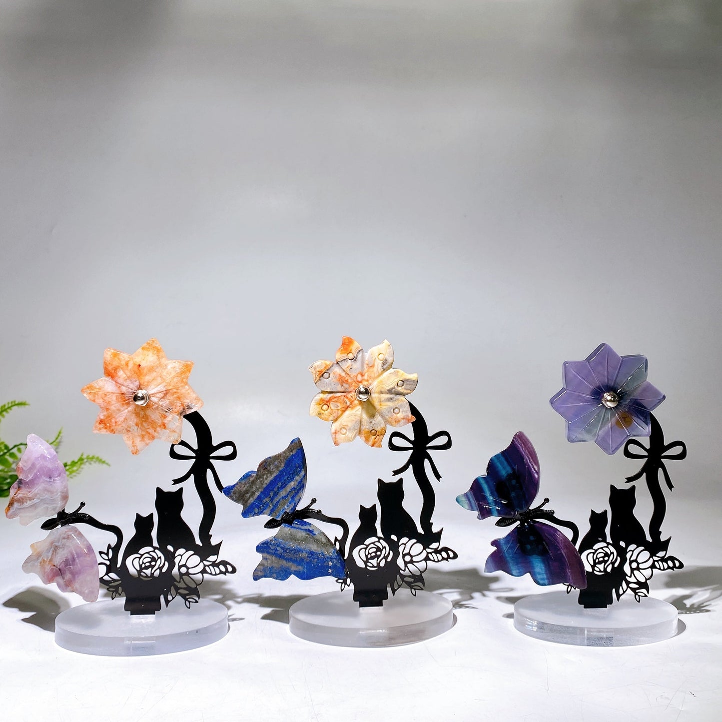 Mixed Crystal Buttterfly & Spinning Flower with Metal Stand Resin Base Free Form Wholesale
