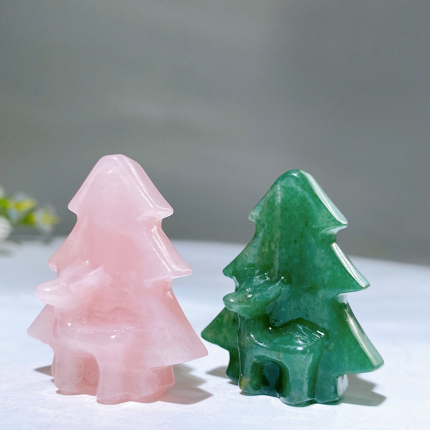 1.6" Rose Quartz Aventurine Christmas Tree with Deer Carving for Christmas Wholesale