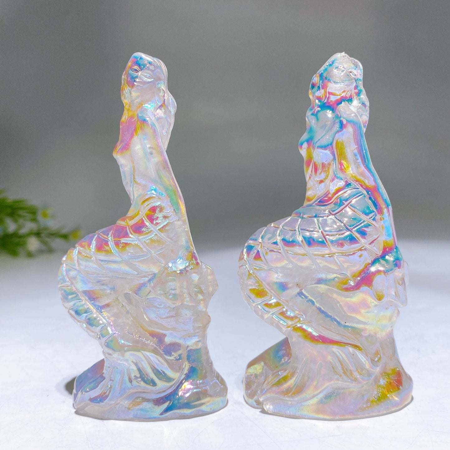 3.8" Aura Clear Quartz Mermaid Carving Wholesale
