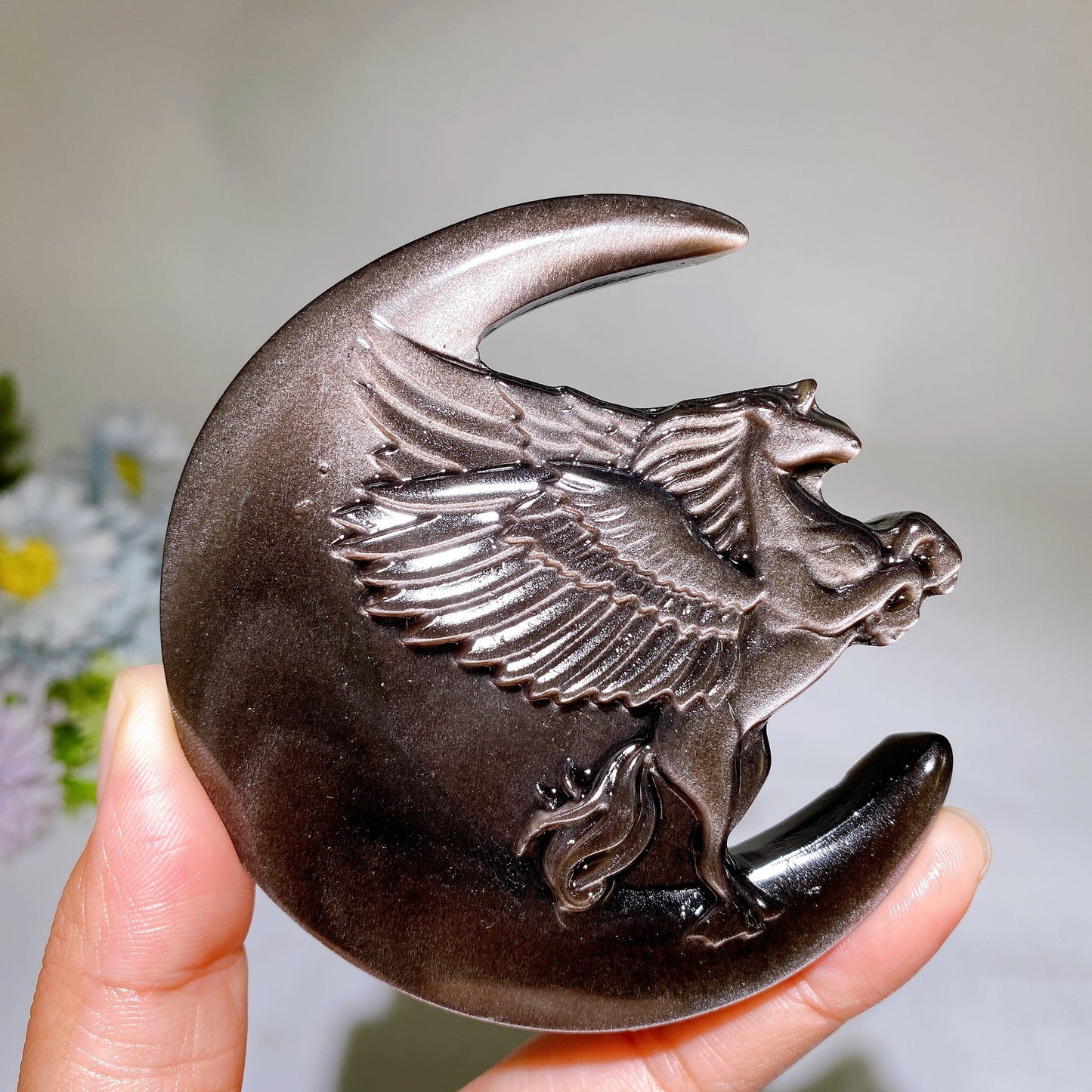 3.3" Silver Obsidian Moon Carving Crystal Healing Bulk Wholesale