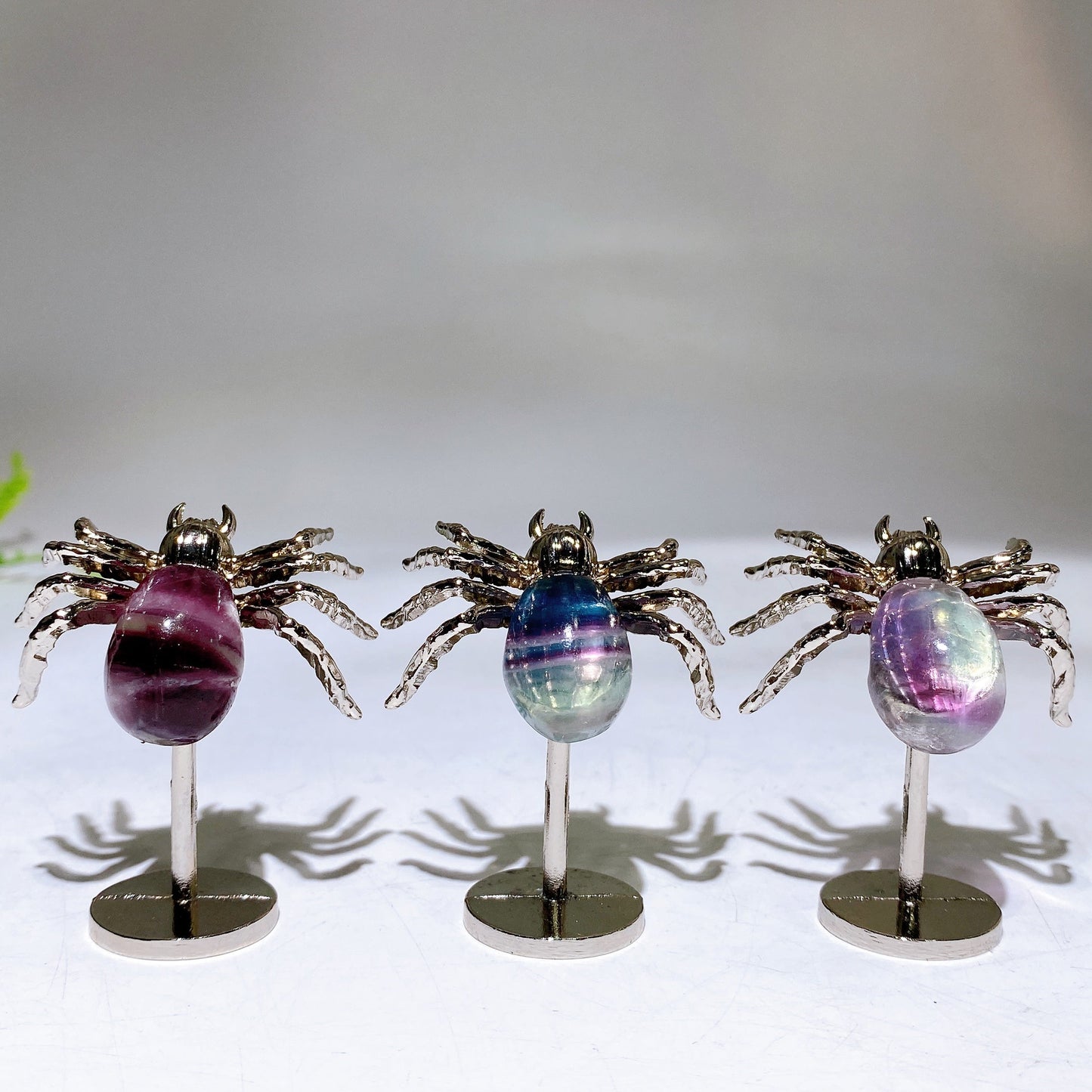 Natural Fluorite Blue Apatite Spider Carving with Fixed Metal Display Stand Wholesale