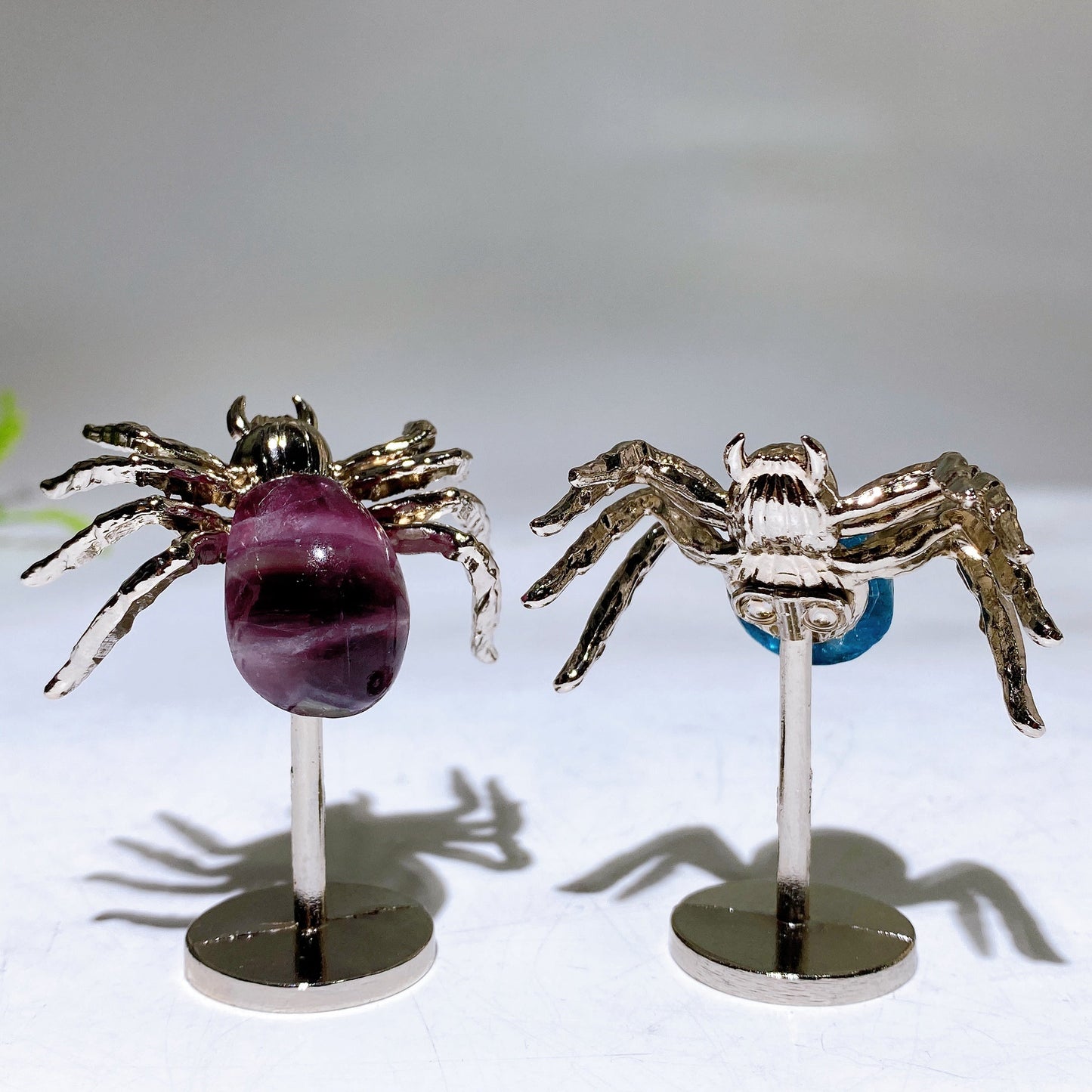Natural Fluorite Blue Apatite Spider Carving with Fixed Metal Display Stand Wholesale