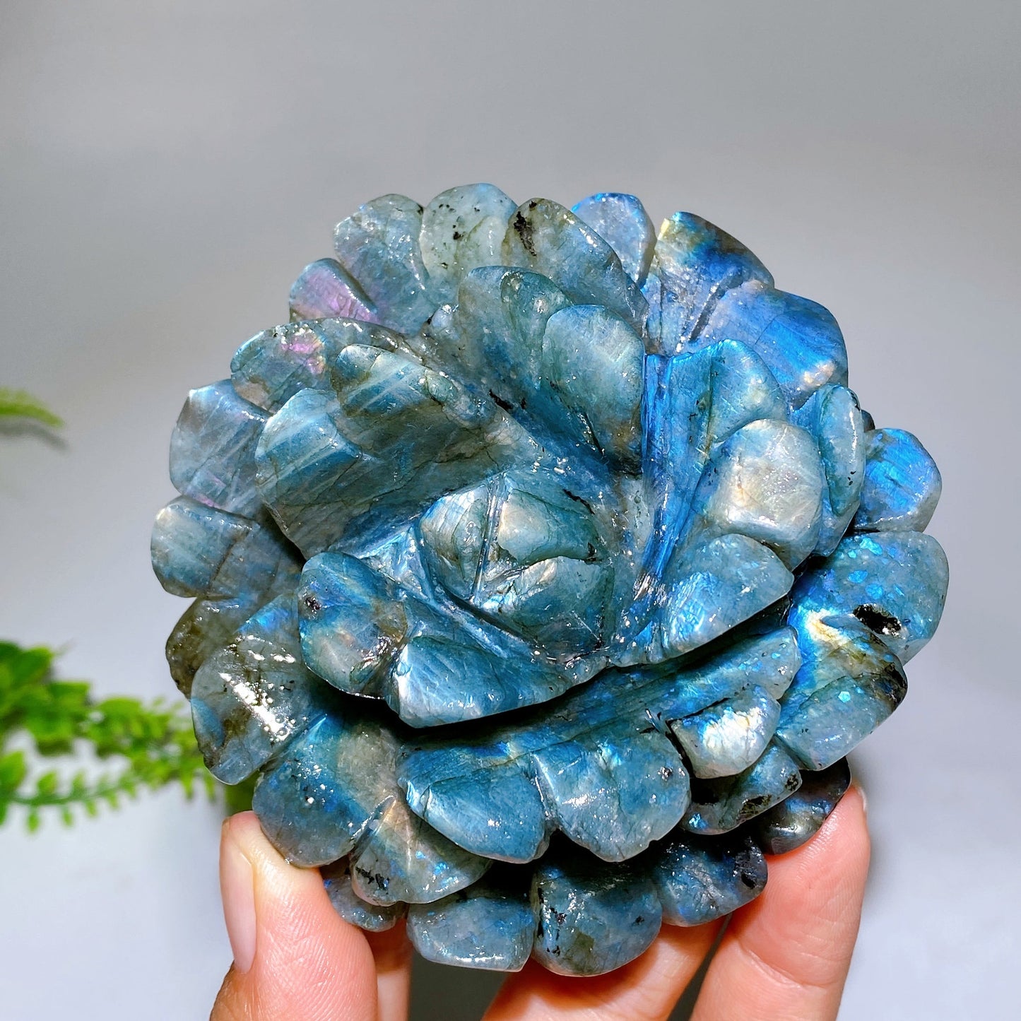 Hand Carved Unique Natural Labradorite Flower Carving with Flash Wholesale