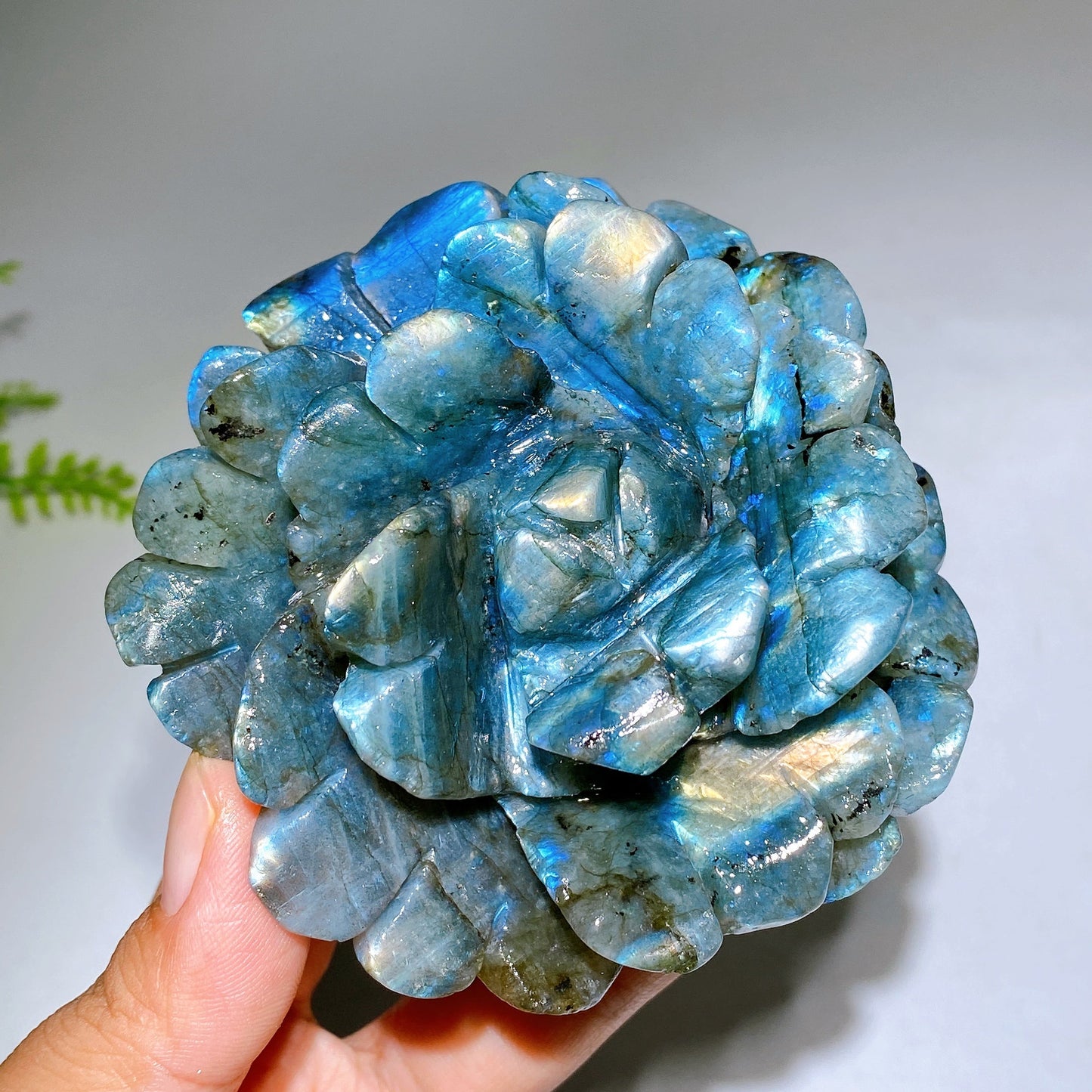 Hand Carved Unique Natural Labradorite Flower Carving with Flash Wholesale