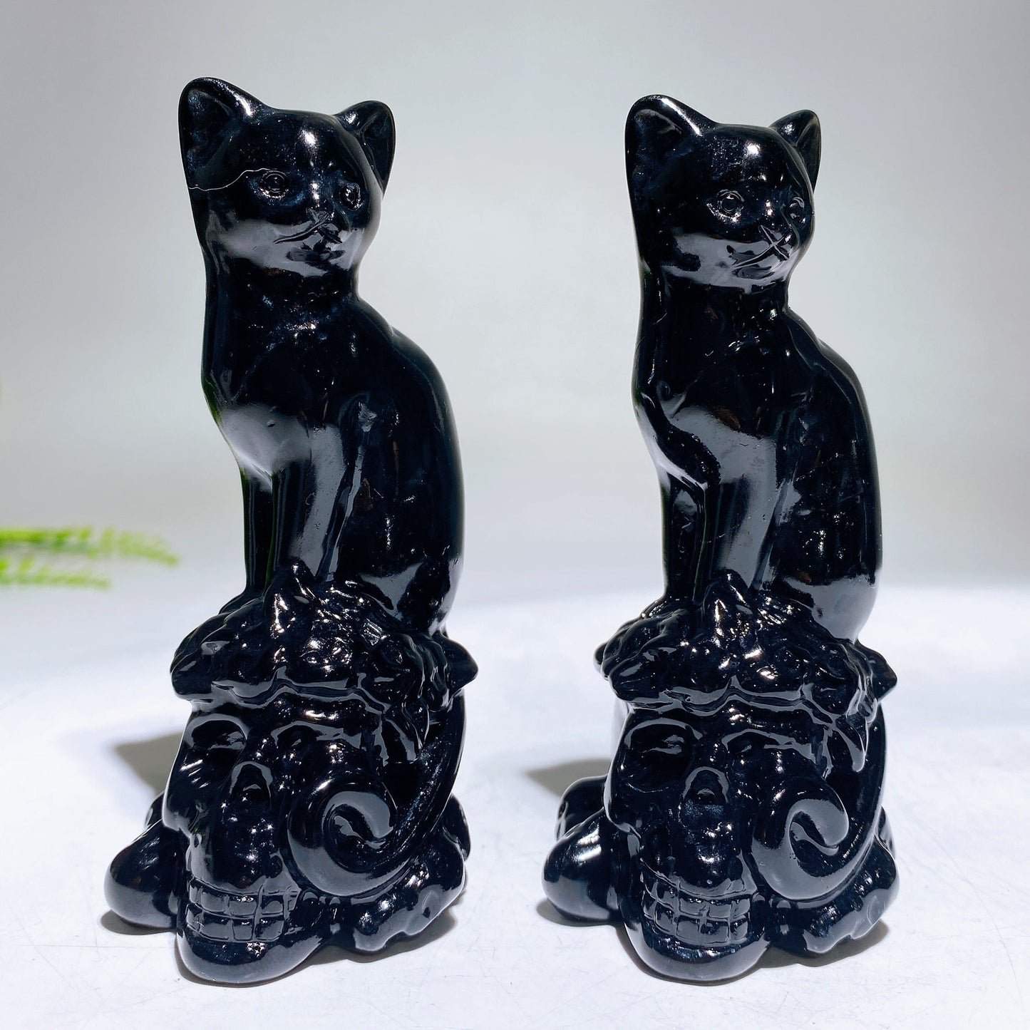 4.0" Natural Black Obsidian Skull Cat Carving for Halloween Wholesale