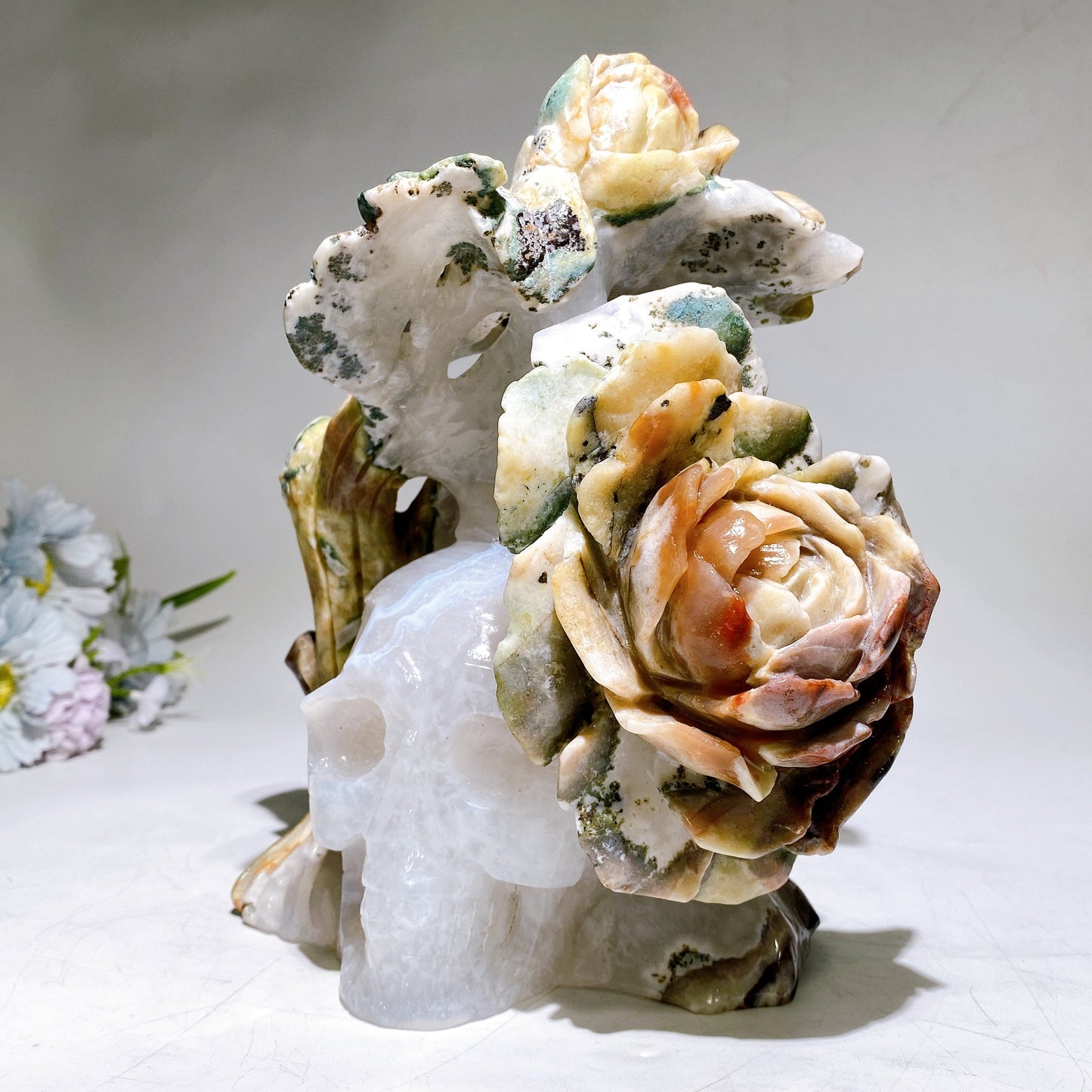 21cm Large Unique Agate Quartz Skull Grow with Ocean Jasper Peony Carving Crystal Healing Bulk Wholesale