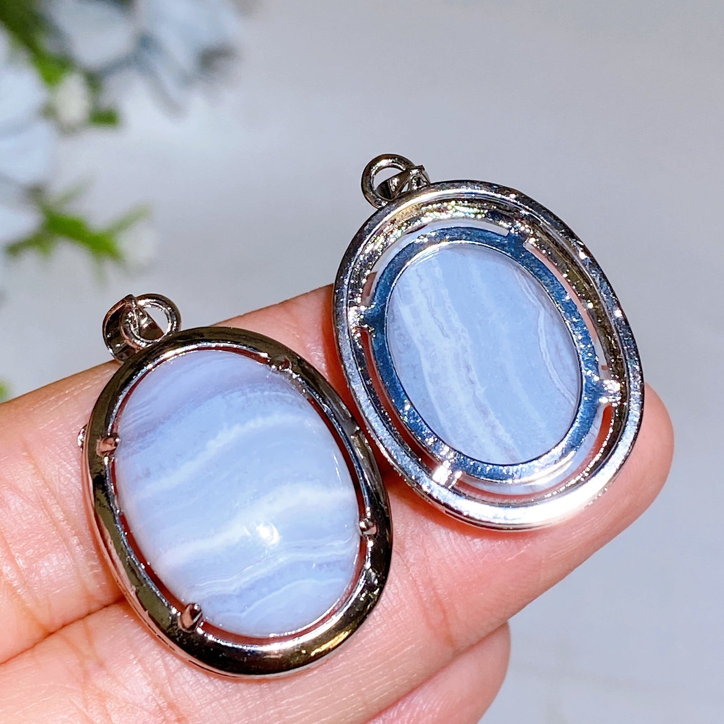 Cooper Silver Plated Blue Lace Agate Oval Pendant Crystal Healing Bulk Wholesale