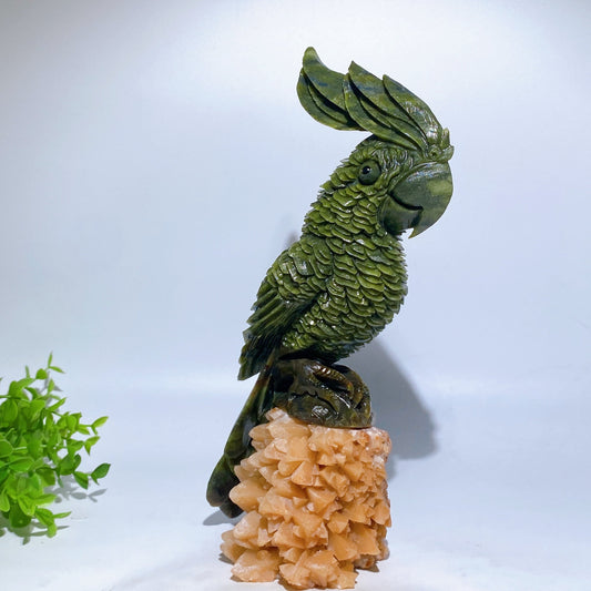 28cm Large Unique Serpentine Parrot Carving with Calcite Cluster Base Crystal Healing Bulk Wholesale
