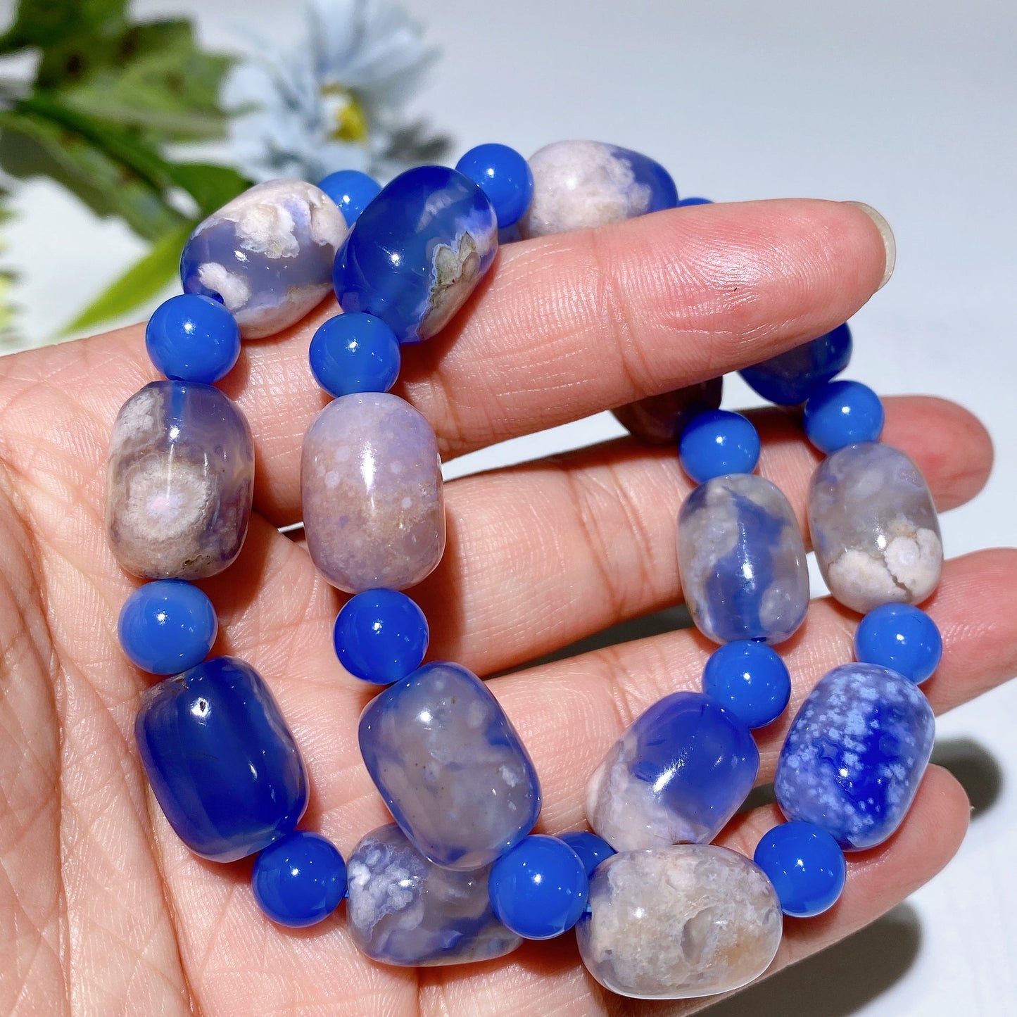 8-16mm Rose Quartz Jadeite Blue Flower Agate Bracelet Crystal Healing Bulk Wholesale