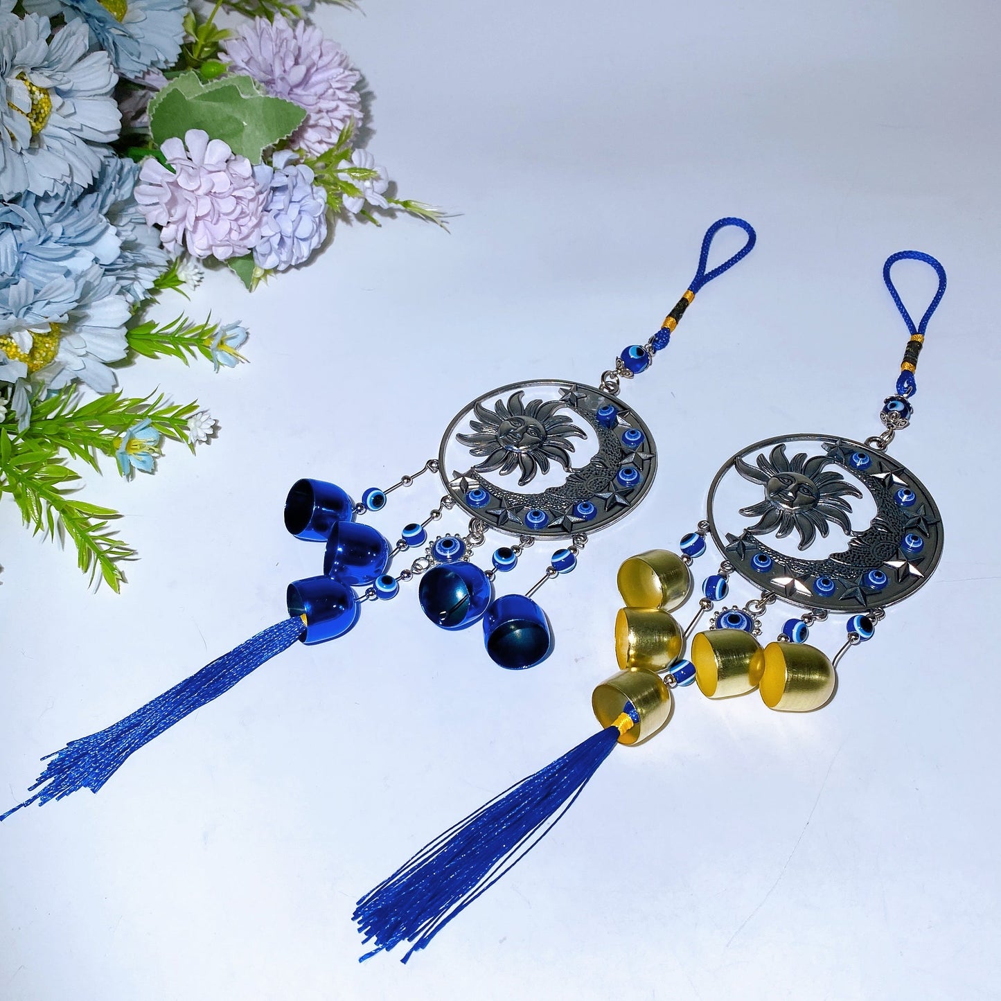 35cm Evil Eye Sun & Moon Metal Chime with Bells Hanging Ornament Crystal Healing Bulk Wholesale
