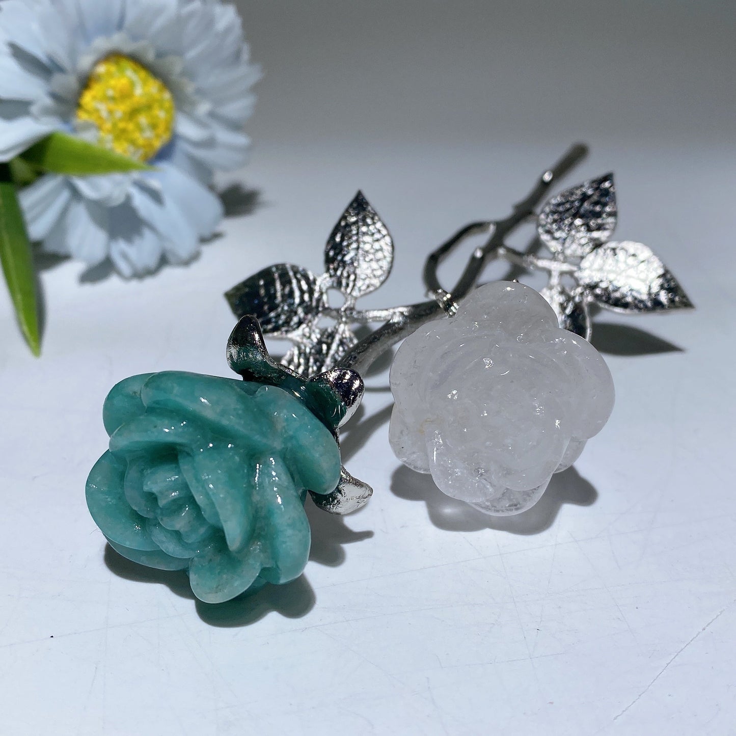 19cm Silver Stem Mixed Crystal Double Flowers Carvings Crystal Healing Bulk Wholesale