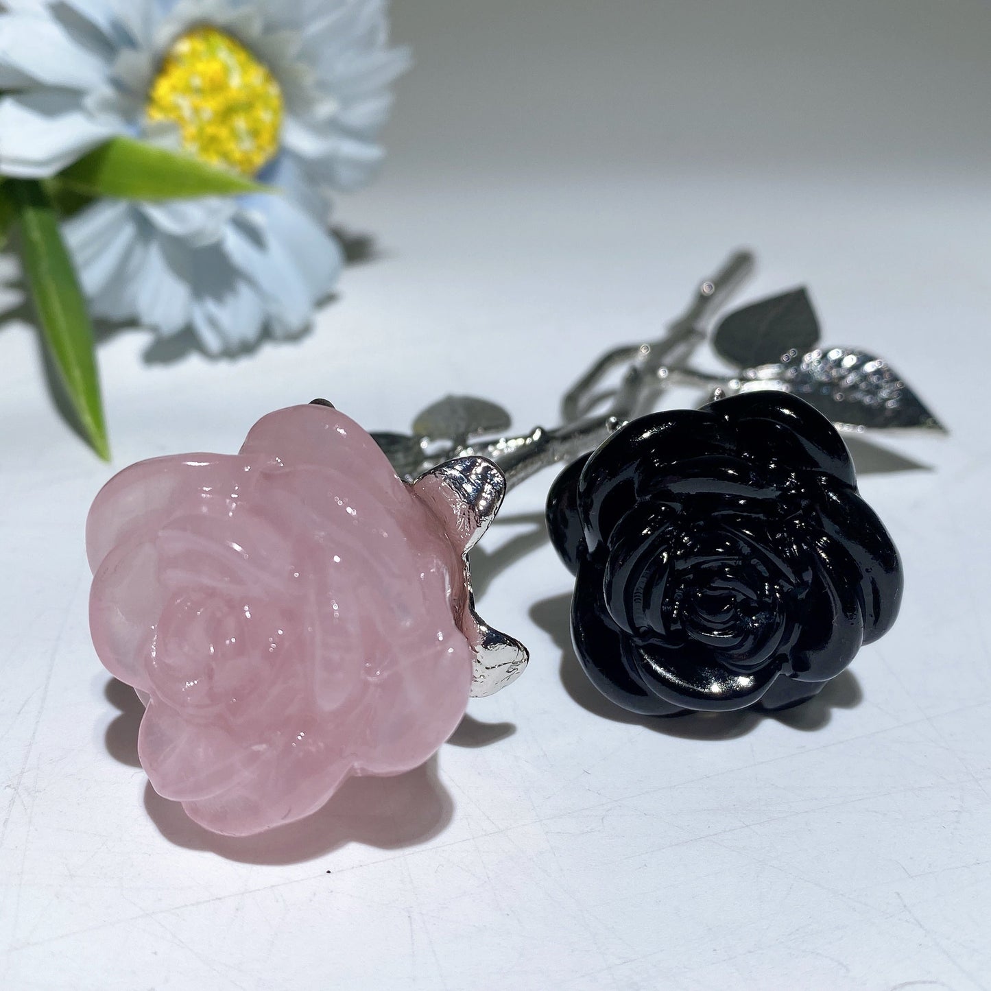 19cm Silver Stem Mixed Crystal Double Flowers Carvings Crystal Healing Bulk Wholesale