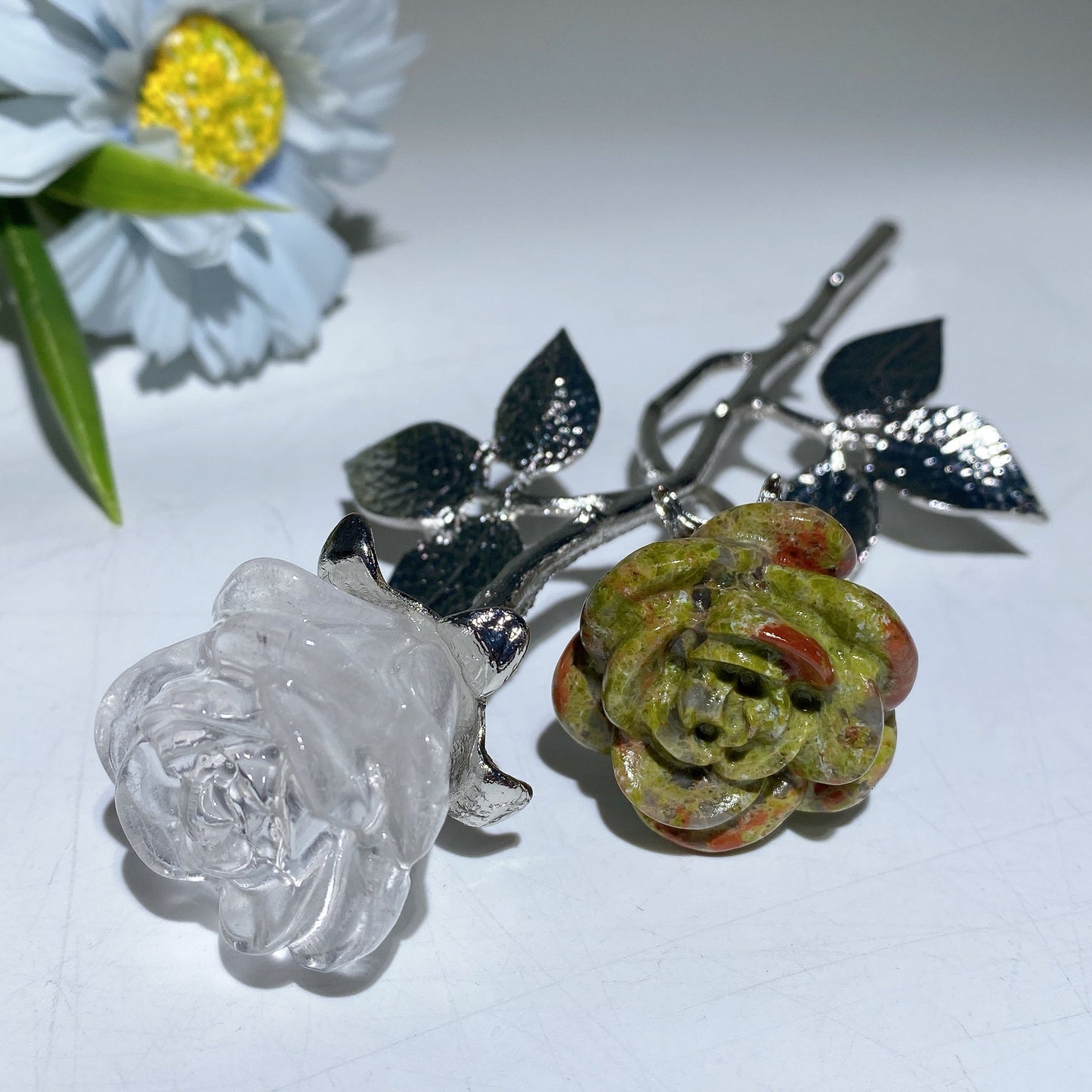19cm Silver Stem Mixed Crystal Double Flowers Carvings Crystal Healing Bulk Wholesale