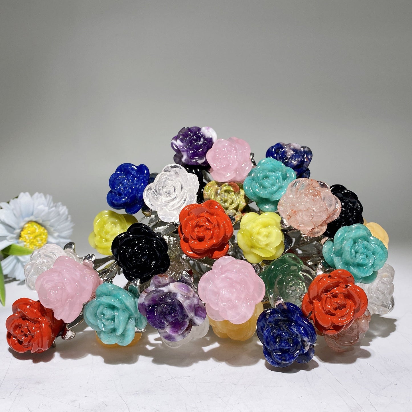 19cm Silver Stem Mixed Crystal Double Flowers Carvings Crystal Healing Bulk Wholesale