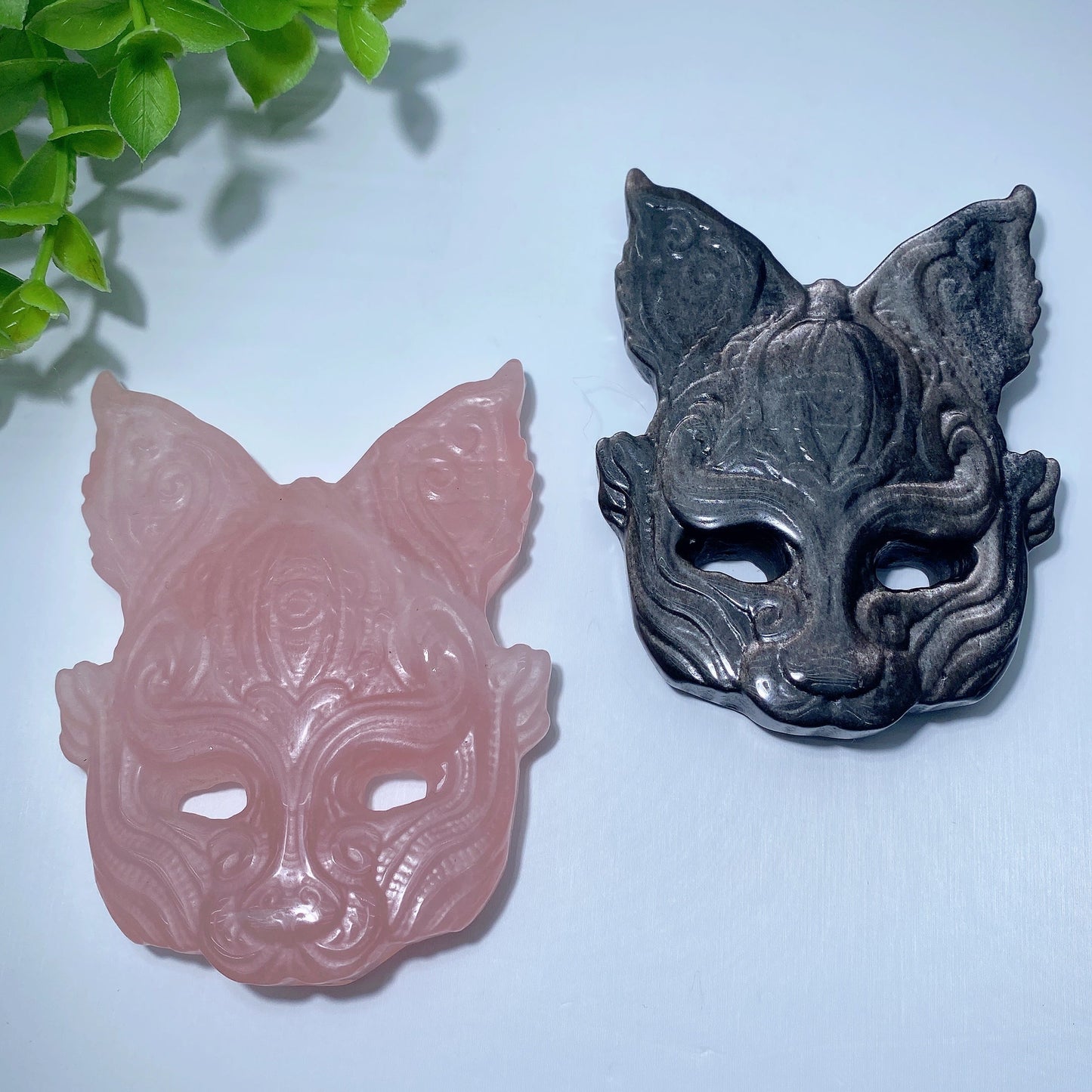 3.3" Rose Quartz Silver Obsidian Cat Mask Carvings Bulk Wholesale