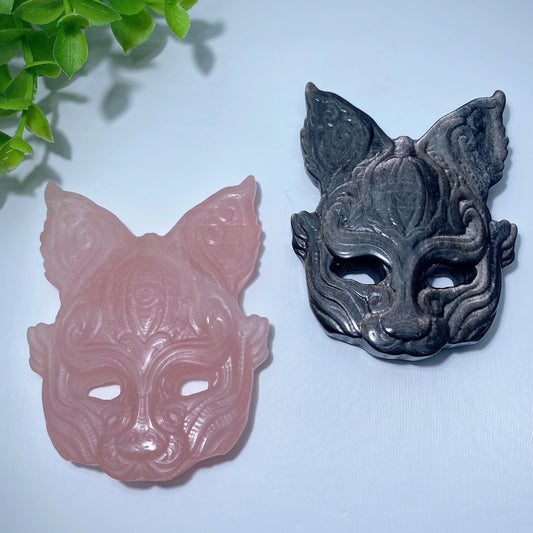 3.3" Rose Quartz Silver Obsidian Cat Mask Carvings Bulk Wholesale