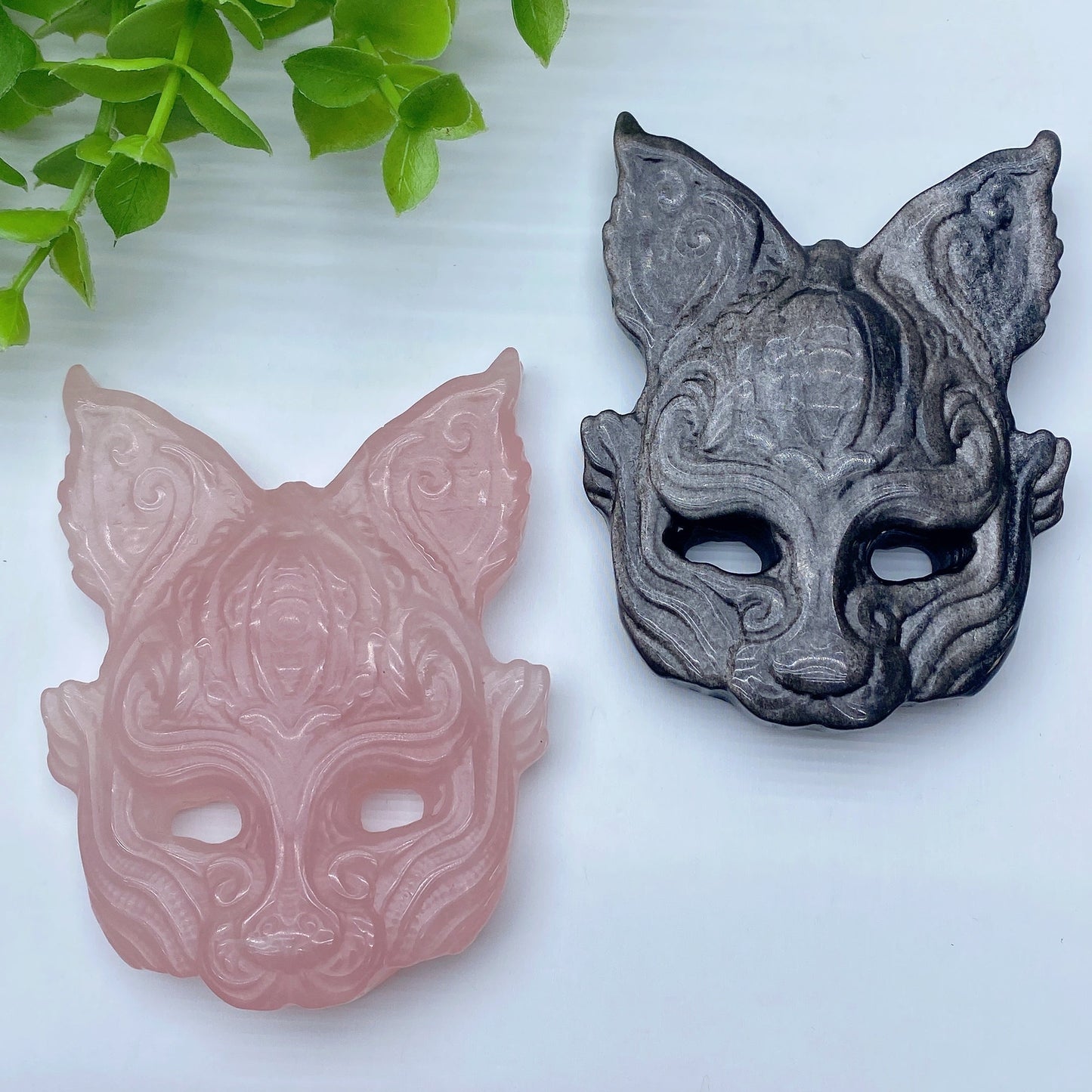 3.3" Rose Quartz Silver Obsidian Cat Mask Carvings Bulk Wholesale