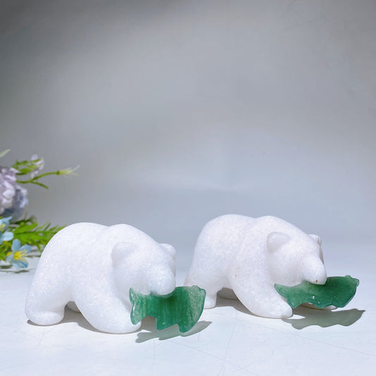 3.2" White Jade Bear with Aventurine Fish Carving Crystal Healing Bulk Wholesale