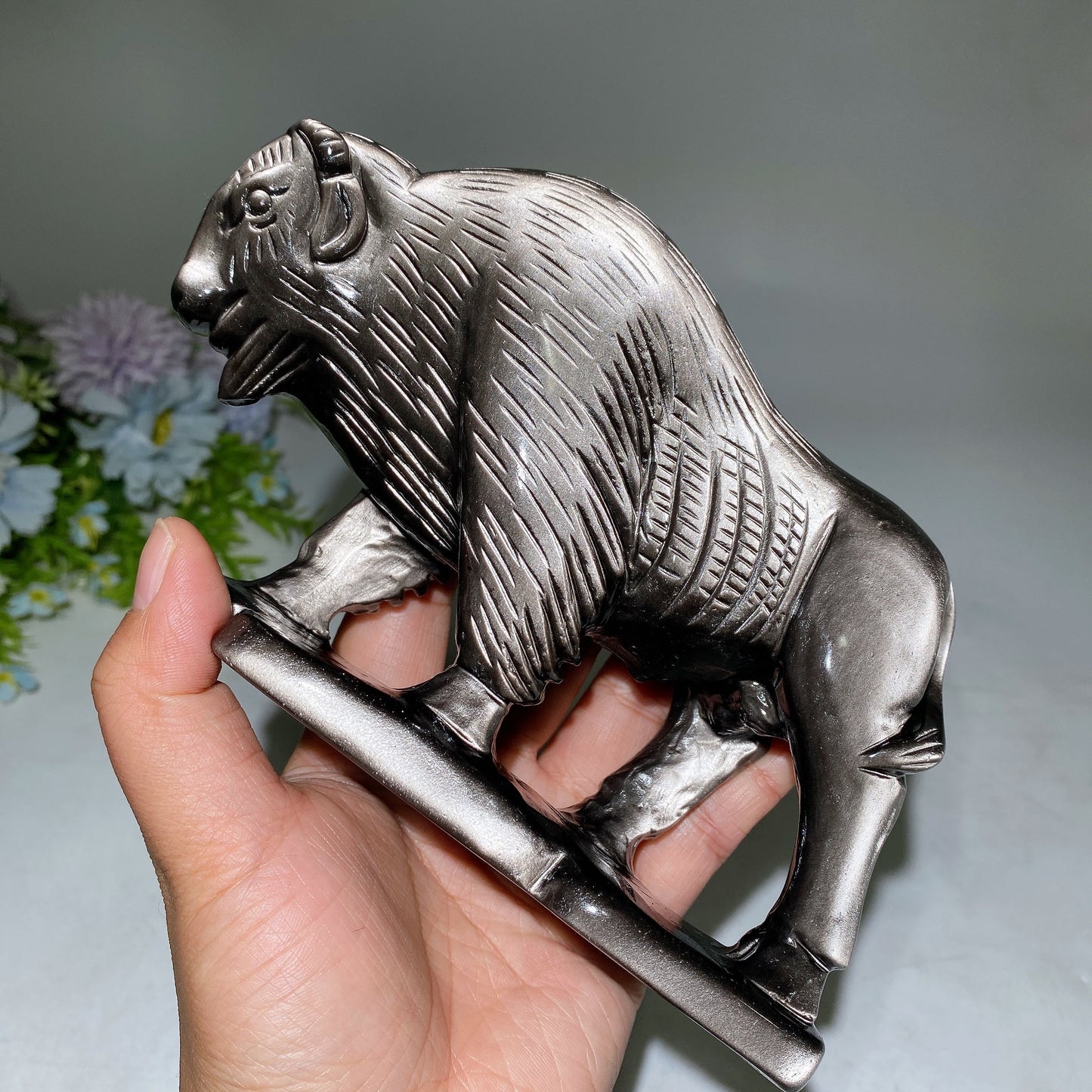 18cm Silver Obsidian Yak Carving Crystal Healing Bulk Wholesale