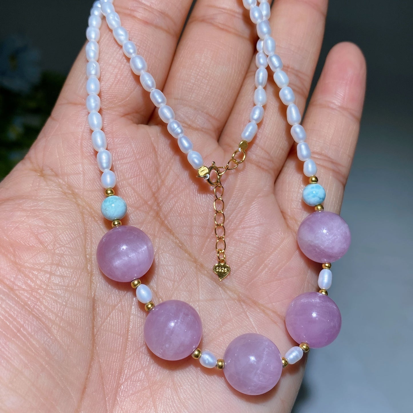 925 Silver Kunzite Larimar & Water Pearl Special DIY Natural Crystal Beads Necklace Crystal Gift Crystal Healing Bulk Wholesale