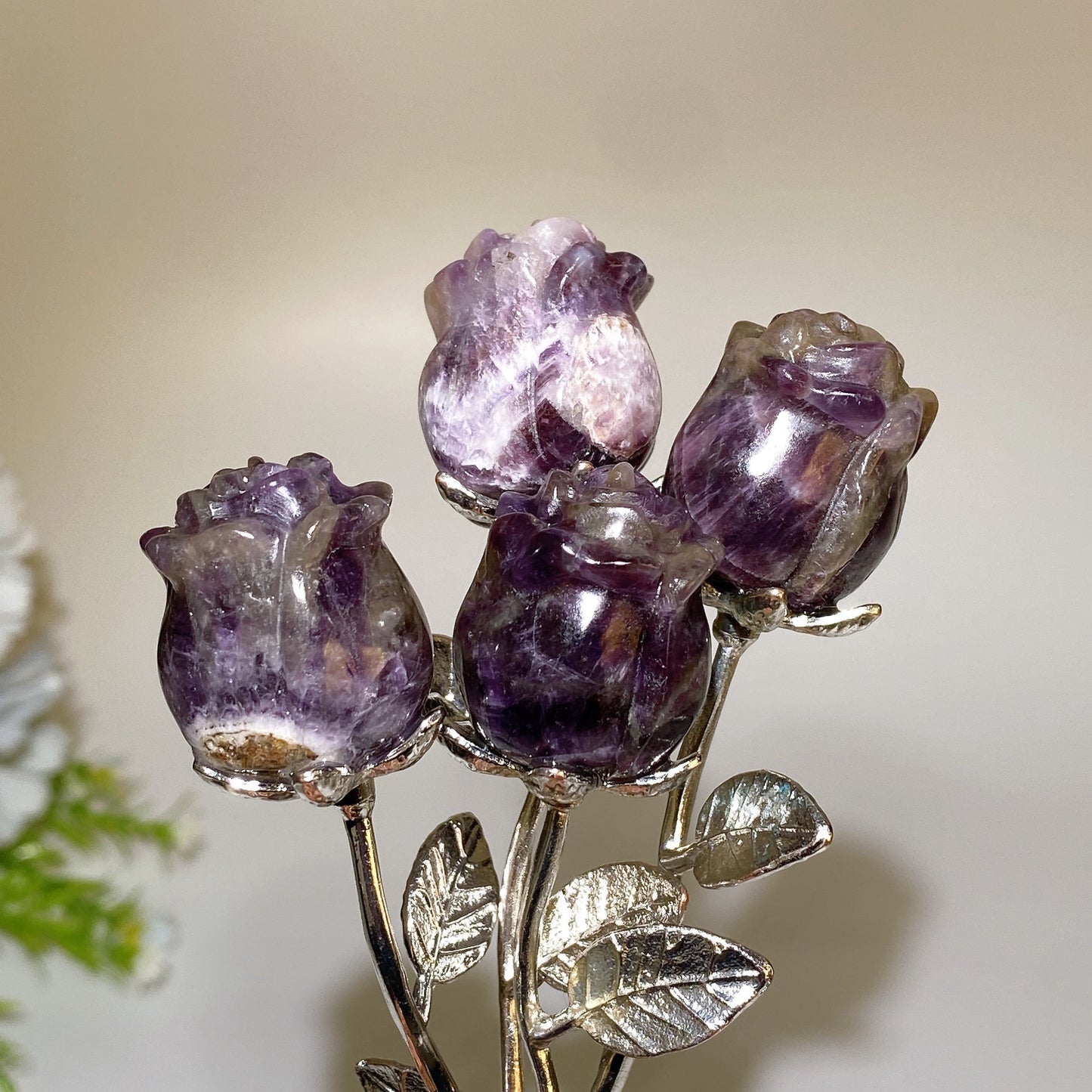 Crystal Flower Carving with Silver Color Metal Stem Crystal Healing Bulk Wholesale