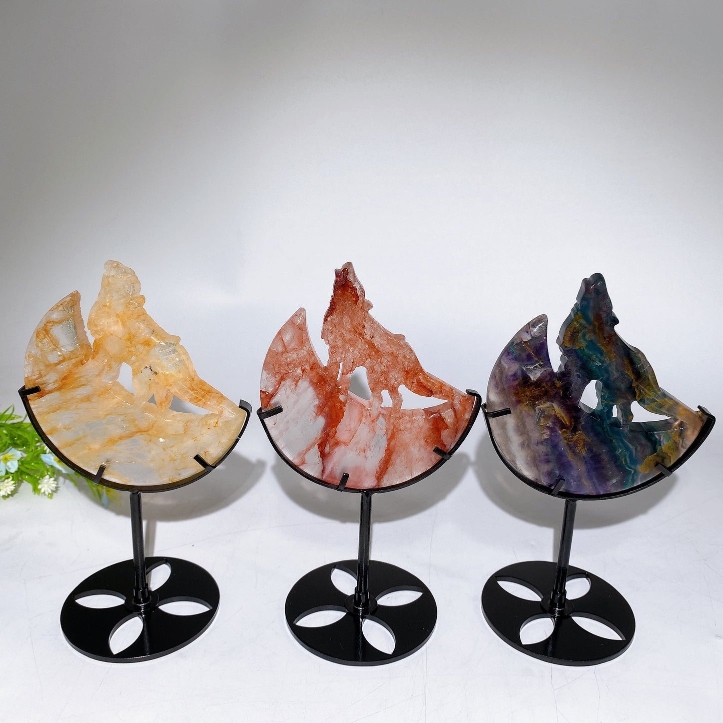 4.0"-4.4" Crystal Wolf On Moon Carving with Stand Crystal Healing Bulk Wholesale