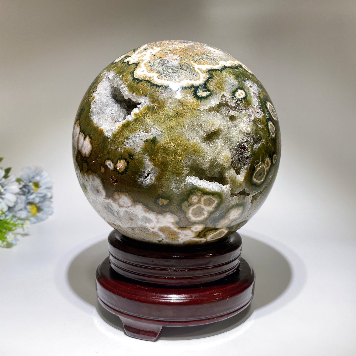 Large Unique Druzy Ocean Jasper Sphere with Wooden Stand Crystal Healing Bulk Wholesale