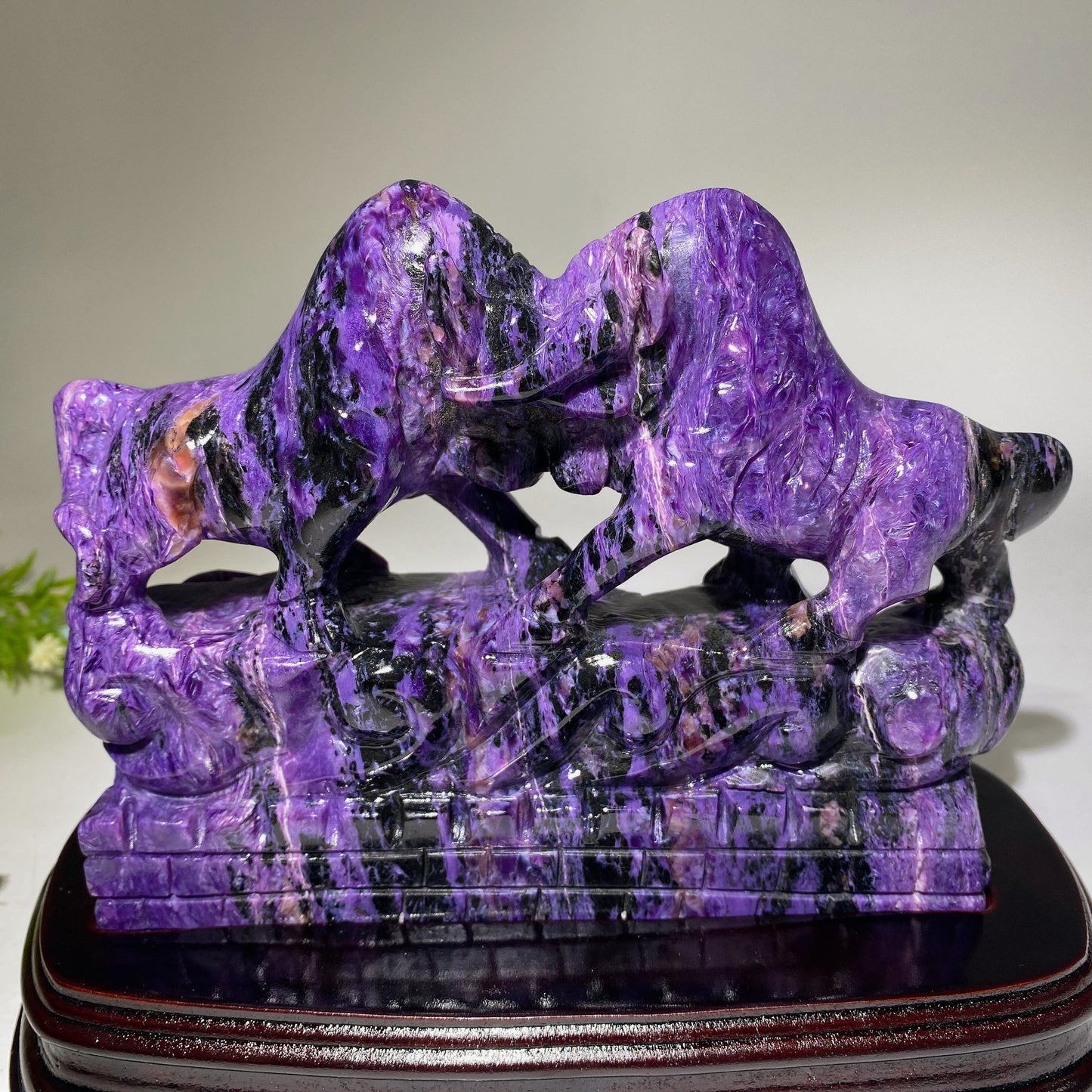 Unique Charoite Bullfighting Carving with Stand Crystal Healing Free Form
