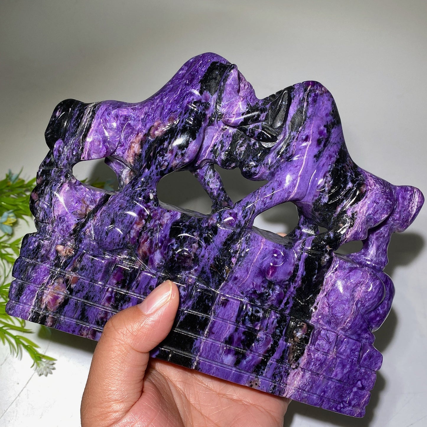 Unique Charoite Bullfighting Carving with Stand Crystal Healing Free Form