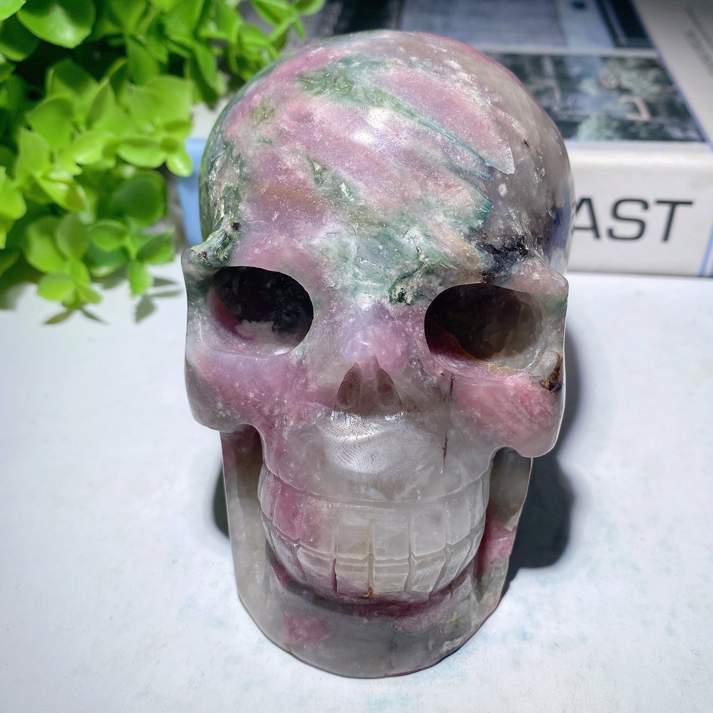 4.8" Unique Pink Green Tourmaline Skull Carving