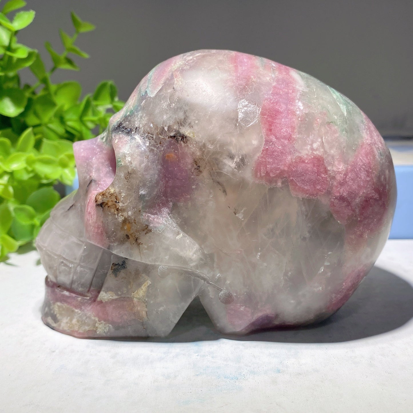 4.8" Unique Pink Green Tourmaline Skull Carving