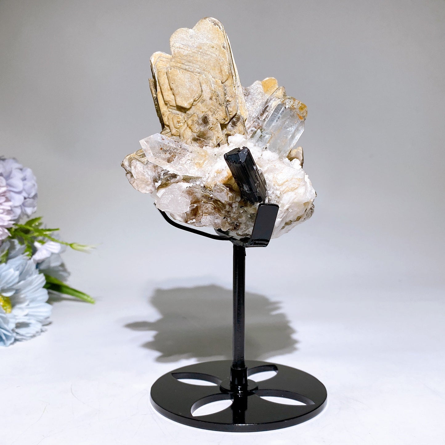 Unique Golden Mica Grow with Aquamarine Black Tourmaline & Quartz Specimen with Stand Crystal Healing Bulk Wholesale
