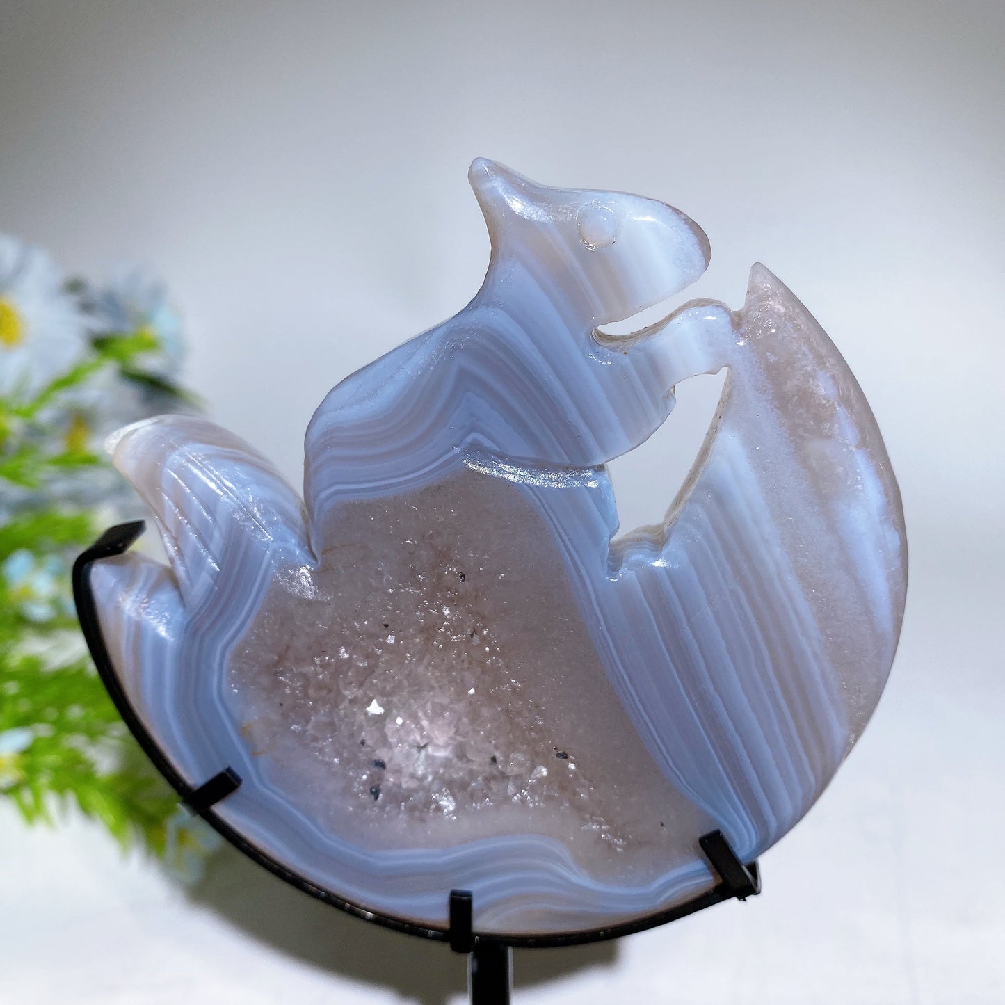 Druzy Agate Rainbow Fluorite Squirrel on Moon Carving with Stand Crystal Healing Bulk Wholesale