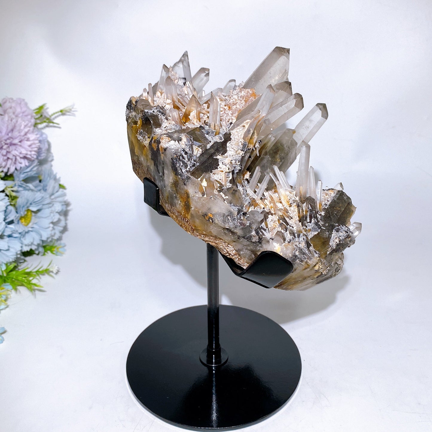 Large Unique Smoky Quartz Grow with Calcite Cluster Specimen with Stand Crystal Healing Bulk Wholesale