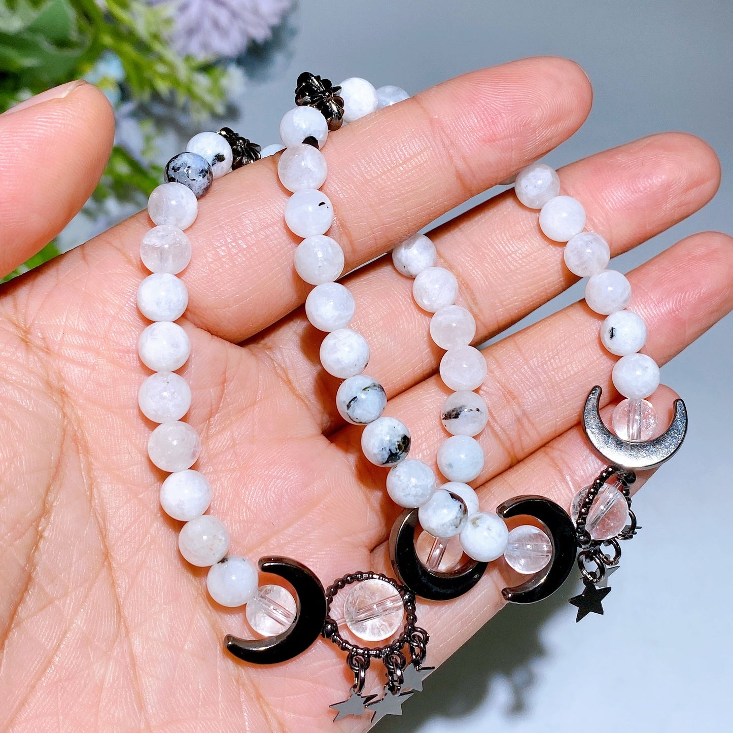 6mm Rainbow Moonstone with Clear Quartz Planet Bracelet Crystal Healing Bulk Wholesale
