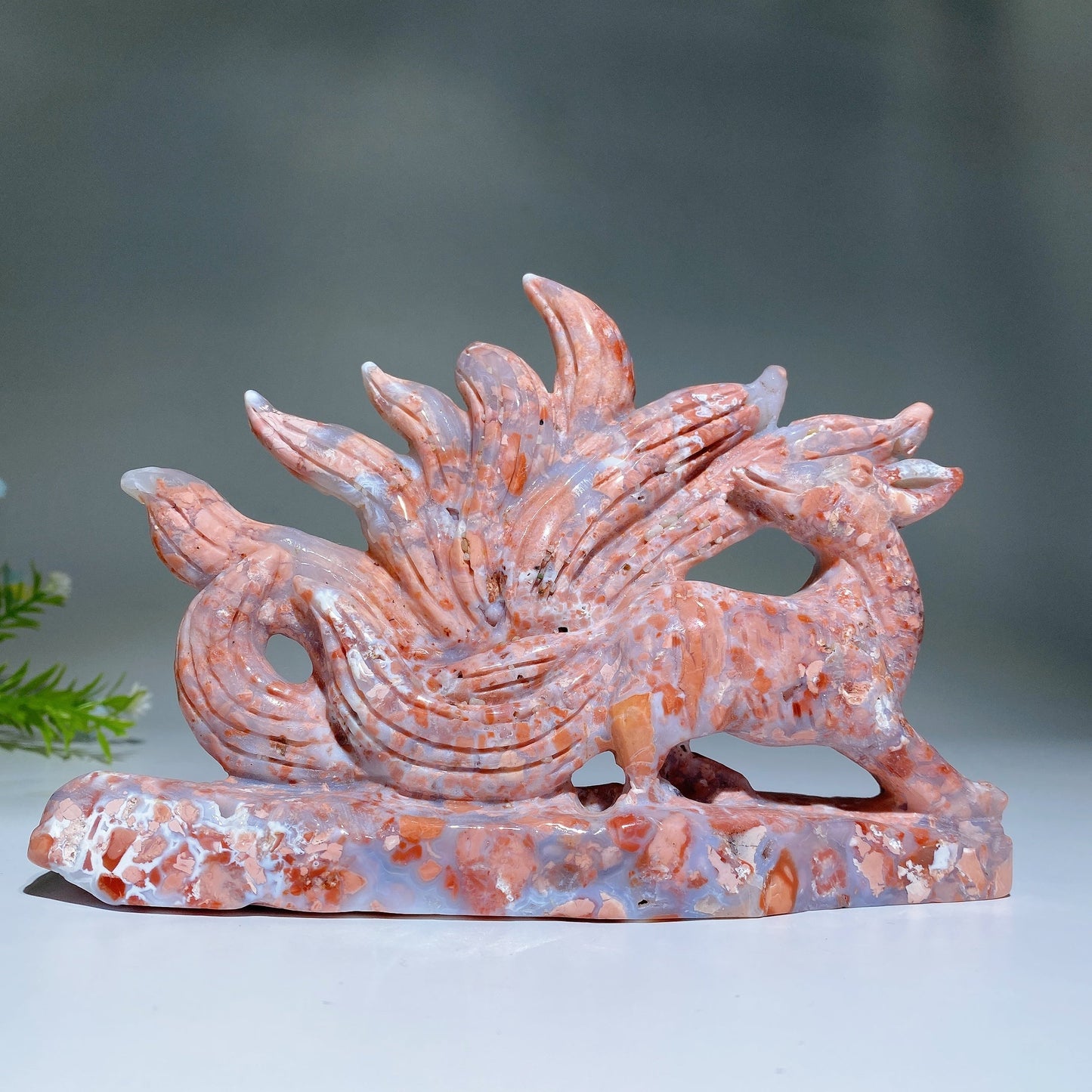 17cm Unique Cotton Candy Nine-tails Fox Carving Crystal Healing Bulk Wholesale