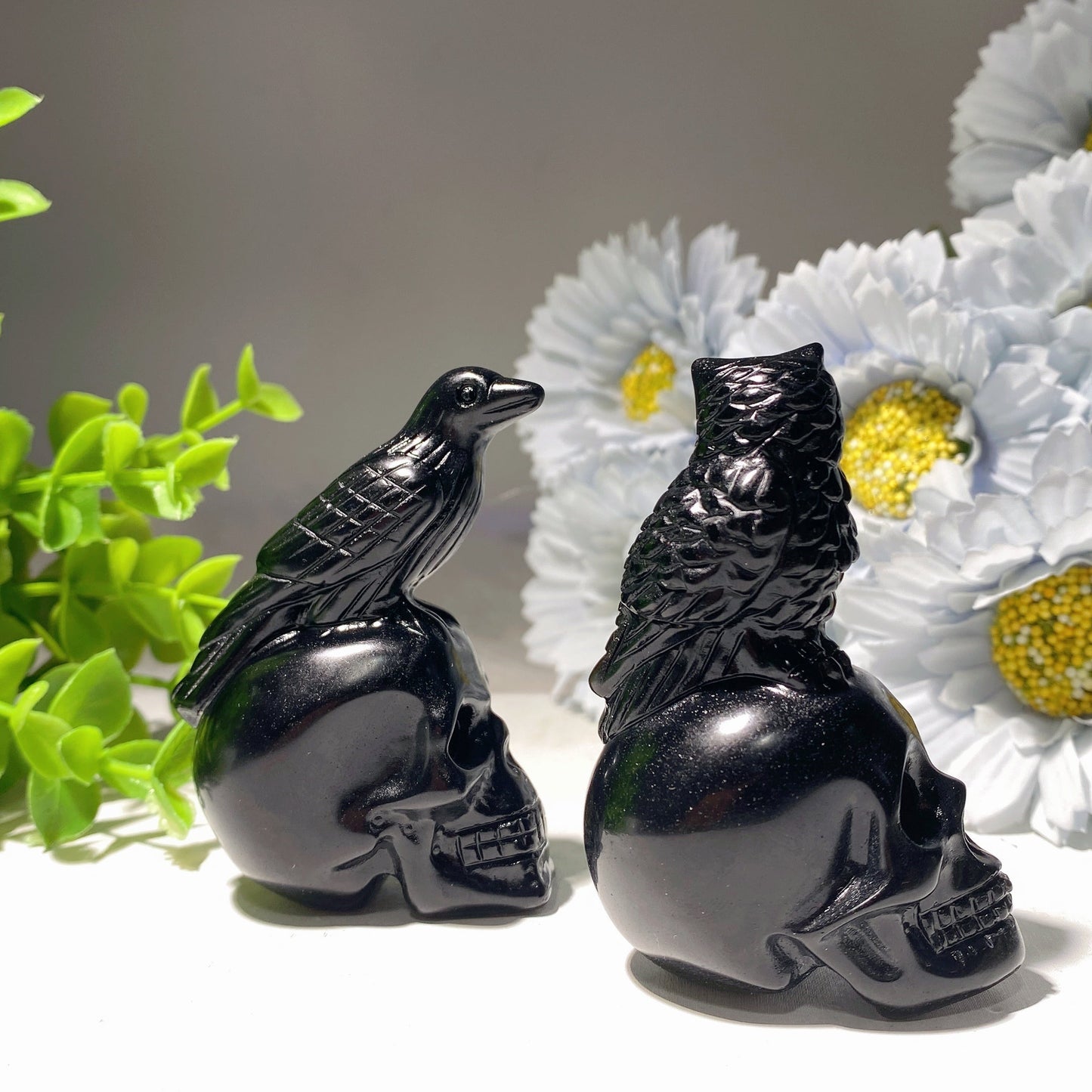 2.8" Black Obsidian Skull with Bird Carvings for Halloween Bulk Wholesale