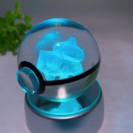 3D Inner Carving Crystal Pokemon Glass Sphere with Colorful Lamp Stand Crystal Healing Bulk Wholesale