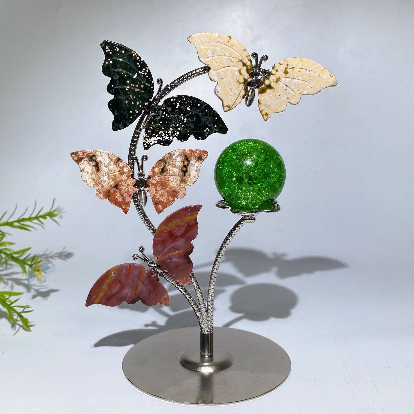 Silver Stand with Ocean Jasper Butterfly Carvings Decor Crystal Healing Bulk Wholesale