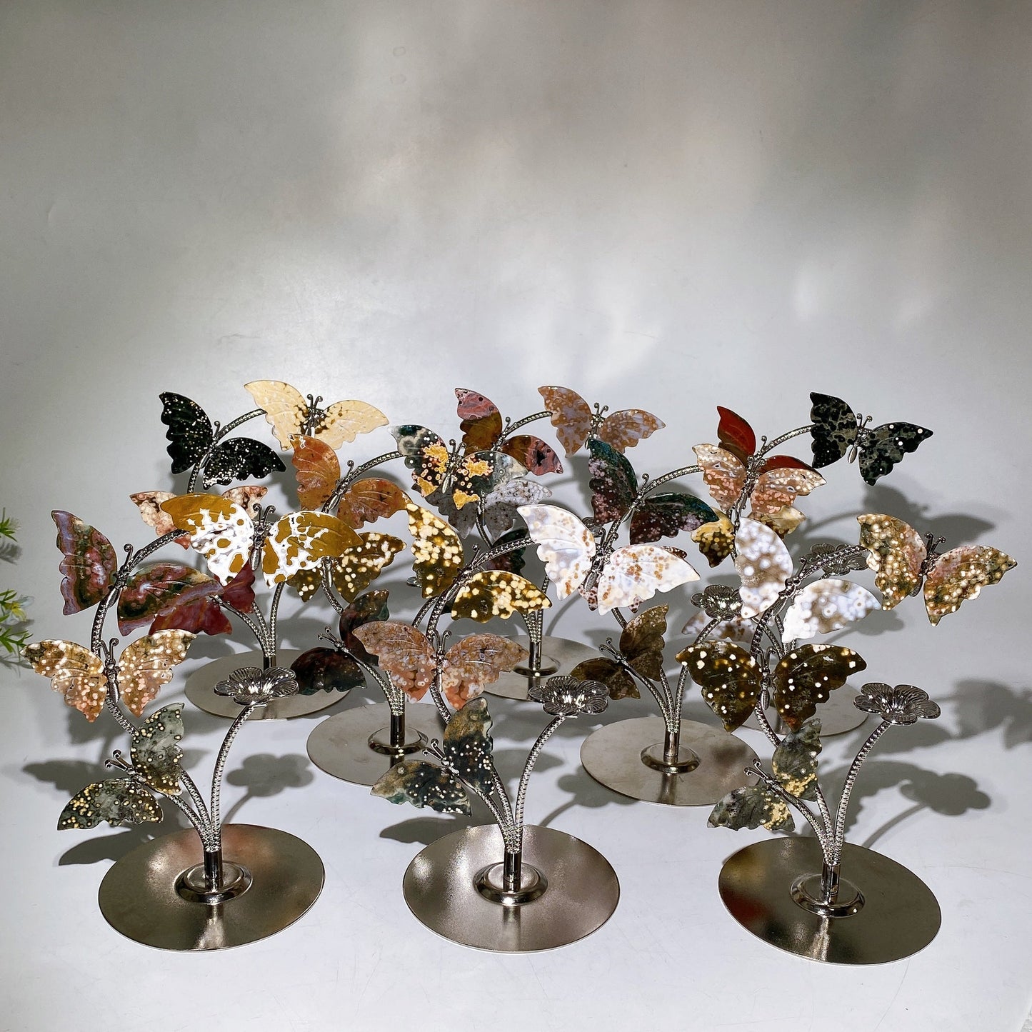 Silver Stand with Ocean Jasper Butterfly Carvings Decor Crystal Healing Bulk Wholesale
