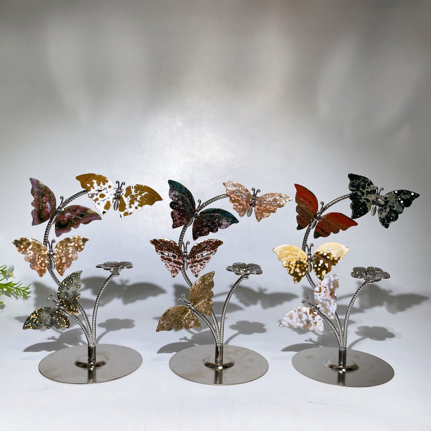 Silver Stand with Ocean Jasper Butterfly Carvings Decor Crystal Healing Bulk Wholesale