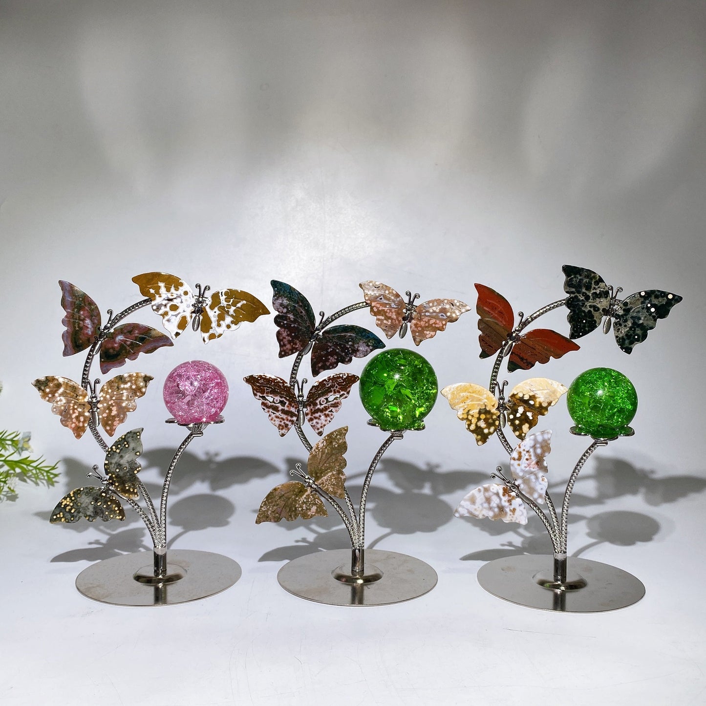 Silver Stand with Ocean Jasper Butterfly Carvings Decor Crystal Healing Bulk Wholesale